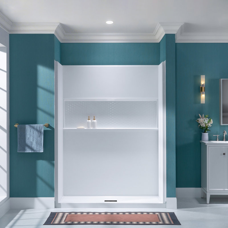 Ensemble de douche l 60 po x P 32 po x H 77 po avec panneaux de douche blancs de Carrare et base de douche blanche