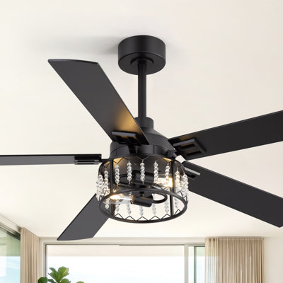 Ventilateur de plafond 52 po en cristal avec lumières et télécommande, moteur à courant continu réversible, ventilateur noir à 5 pales, 6 lumières, luminaire E26 à 2 lumières, ventilateur de lustre de style campagne moderne