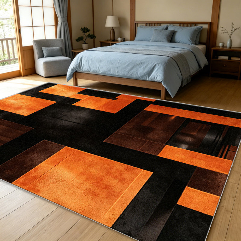 Modern Abstract Geometric Orange Black carpet-easy to clean, machine-washable, soft and comfortable; suitable for door mats, kitchens, living rooms, bedrooms, corridors, and laundry areas. Easy to clean, durable carpet for home decoration.
