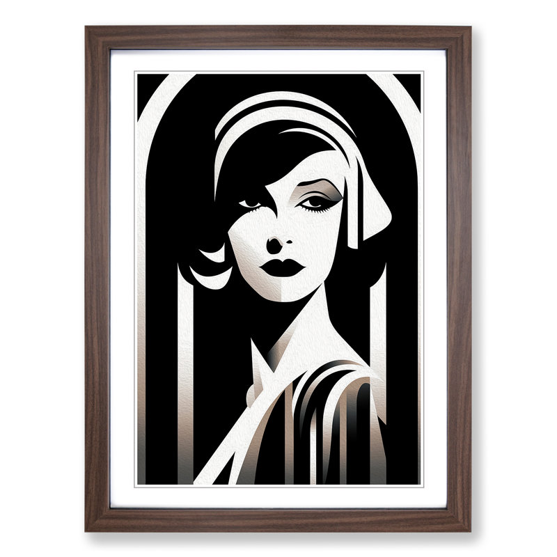 Art Deco Woman Line - Single Picture Frame Print on Wood, Walnut Framed, 46cm H x 34cm W x 2cm D