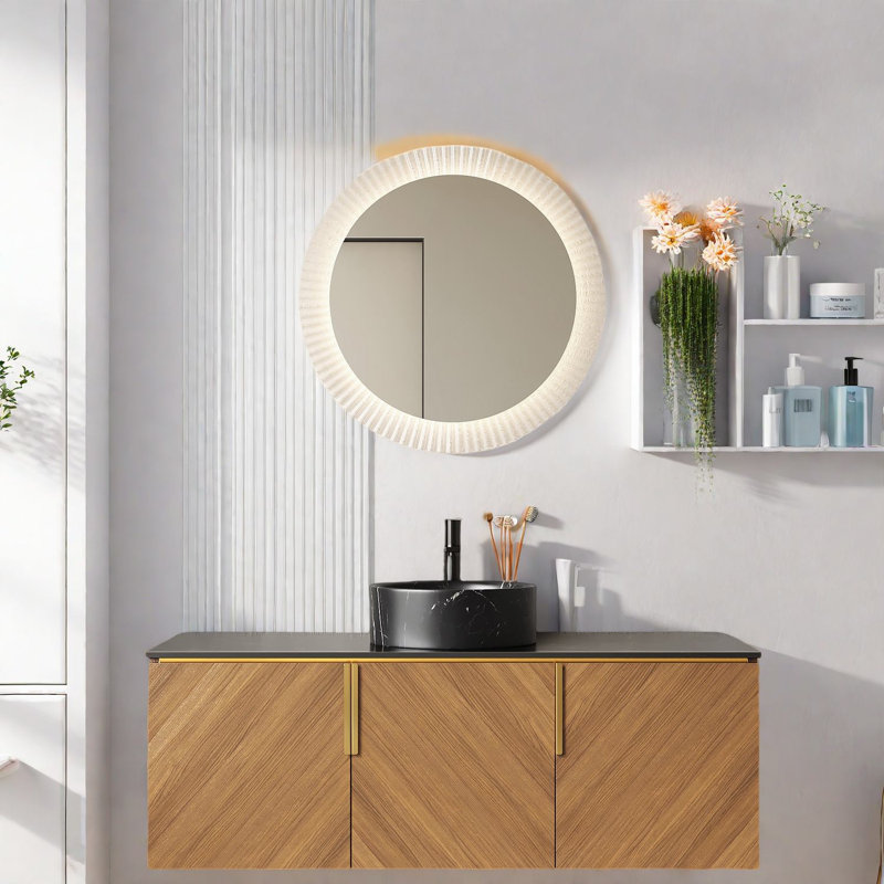 Meuble-lavabo mural moderne avec lavabo, contreplaqué durable, pierre frittée noire, grain de chêne brun