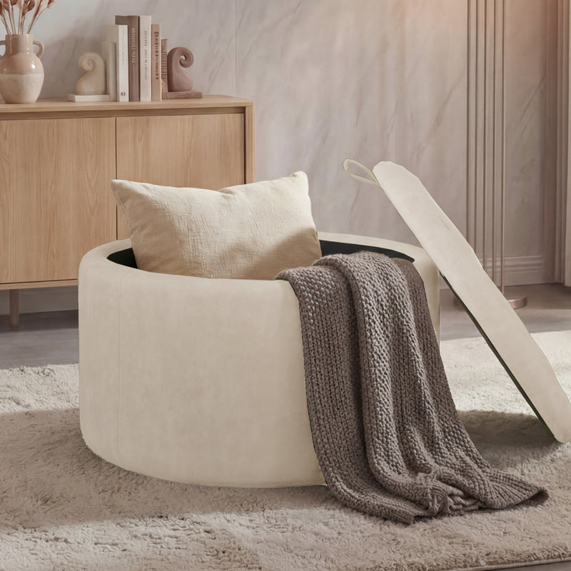 Repose-pieds capitonné rond 27,5 po avec rangement, Velours - beige