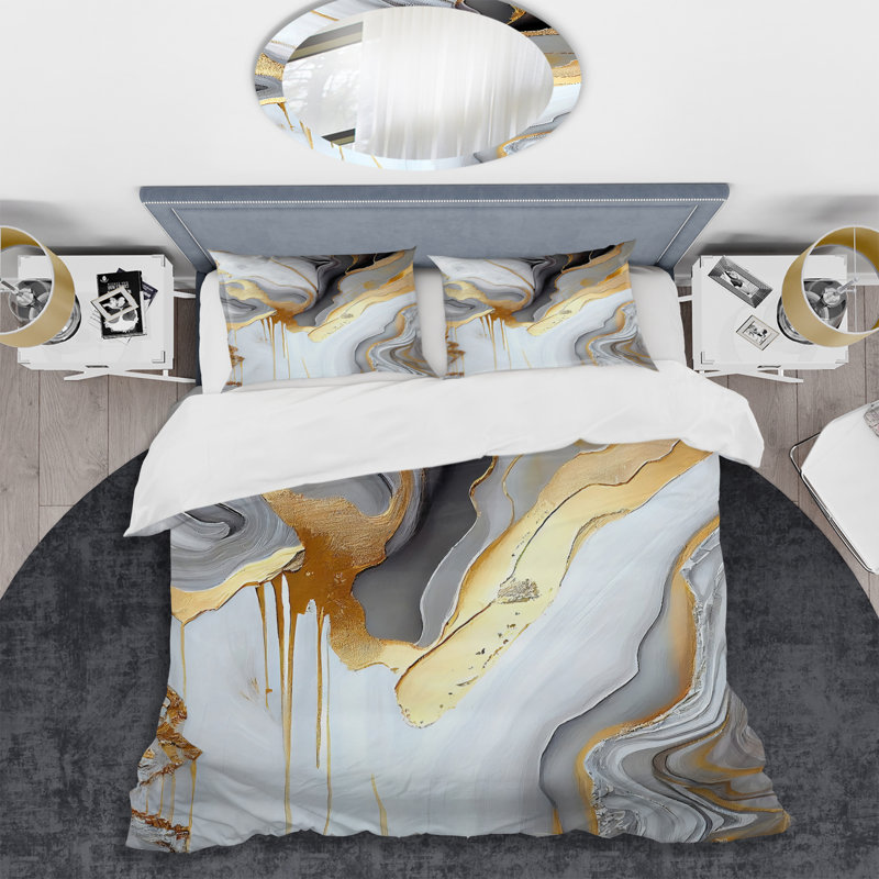 Blanc et or Marble Abstract II - Ensemble de housse de couette transitionnel moderne - Polyester en microfibre