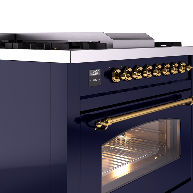ILVE Nostalgie II 36 Dual Fuel Range, knobs, Midnight Blue/Brass, Natural Gas