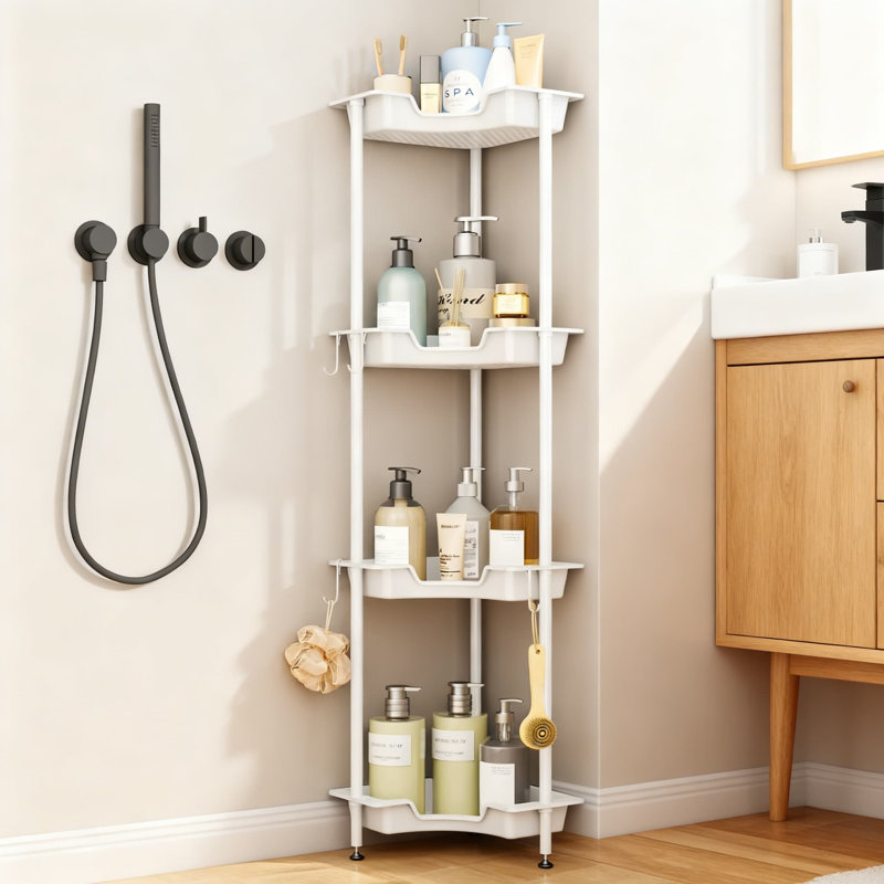 Corner Shower Caddy - 4-Tier Standing Organizer With Hooks, Stainless Steel & Plastic Waterproof Storage Rack, White