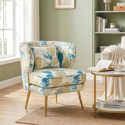 Fauteuil de baril en velours floral avec coussin lombaire - Fauteuil de lecture rembourré Mid Century