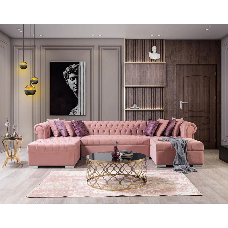 Canapé modulaire en velours rose Lorena, Velours rose