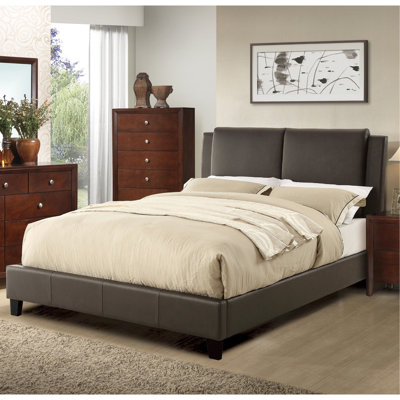 Lit moderne grand, tissu d'ameublement en similicuir brun avec tête de lit, aucun sommier tapissier requis, tête de lit de chambre à coucher en brun, ressort, mobilier, style classique