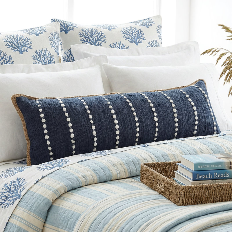 Housse de coussin lombaire à rayures en jute bleu marine / blanc, polyester