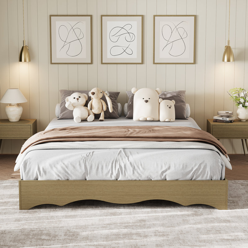 Structure de lit plateforme double en bois, lit bas sans tête de lit Wave Design, sans bruit, naturel, Full / Double, Tan