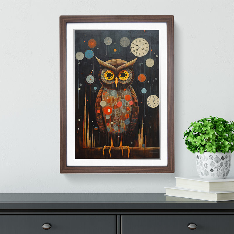 Owl Dadaism No.2 - Single Picture Frame Print on Wood, Walnut Framed, 46cm H x 34cm W x 2cm D