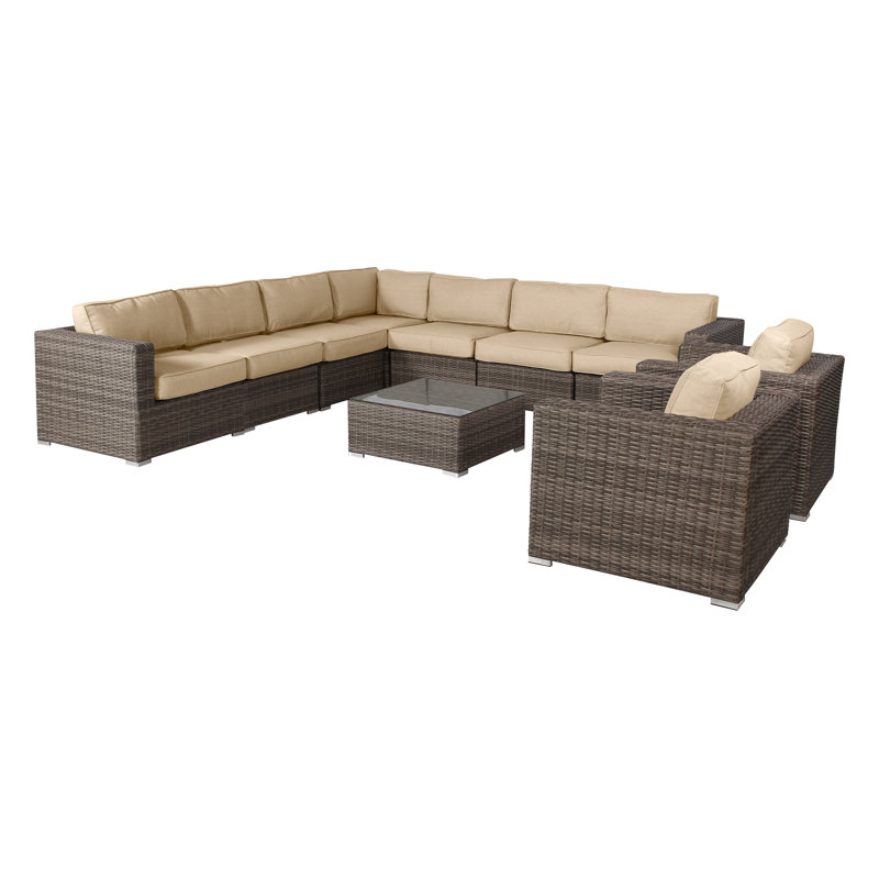 Ensemble de conversation pour 8 personnes avec coussins Sunbrella en osier Hepscott, Structure brune / coussin beige, Brun