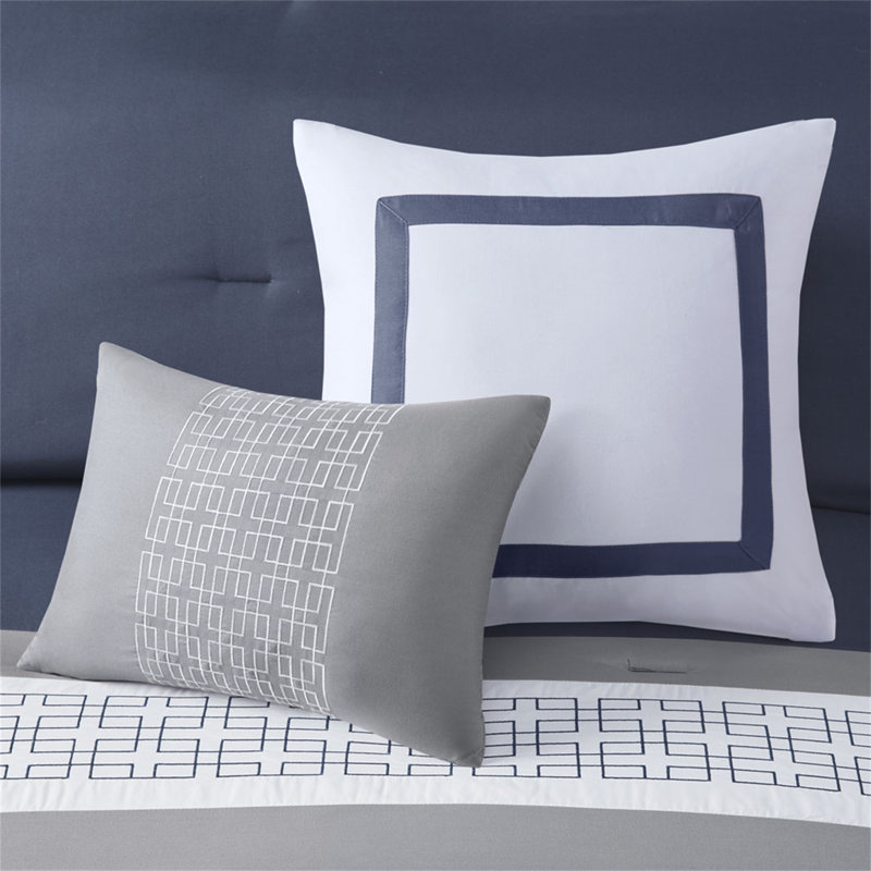 8 Piece Embroidered Comforter Set Navy, Queen Comforter + 4 Shams + 2 Pillows