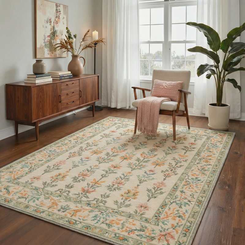 Allsop Aura Vintage Floral Machine Washable Beige / Orange / Green Indoor Area Rug with Non-Slip Backing, Rectangle 6' x 9'
