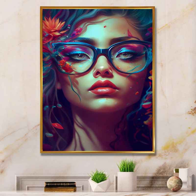 Femme attirante bleue avec fleurs III - Impression sur toile, H 32 po x l 16 po x P 1 po, Toile avec cadre flottant or