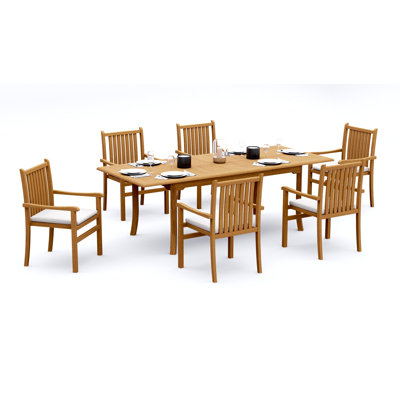 Ensemble de salle à manger en bois de teck Grade-A: table rectangulaire à double extension et fauteuils empilables Angarano # 11CH2412