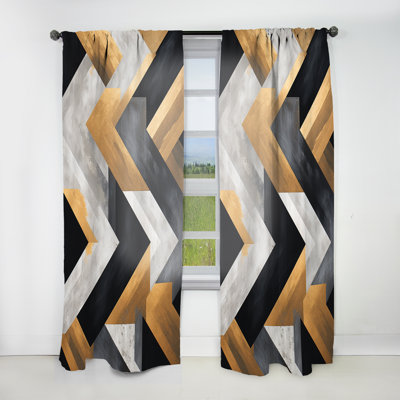 Efrat Black And Gold Geometric Tiles II - Modern Curtain - Velvet Room Darkening - 1 panel