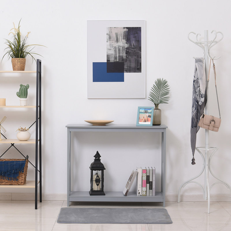 2-Tier Console Table, Sofa Side Table With Storage Shelf, X Design For Entryway, Living Room, And Hallway, Grey