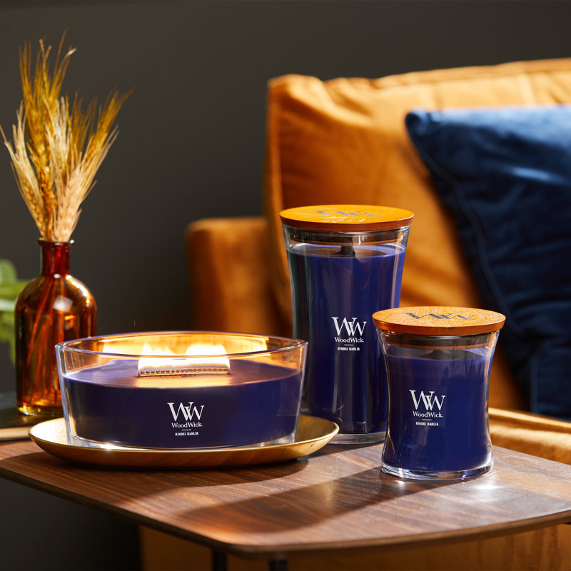 Bougie WoodWick® Hinoki Dahlia Ellipse, Mauve foncé, H 3,5 po x l 7,7 po x P 4,6 po