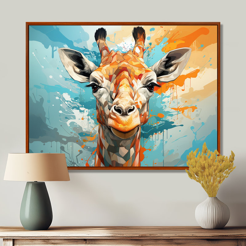 Kristyne Giraffe Elegant Geometric - Girafe, art mural, 12" H x 20" W, Cadre flottant brun