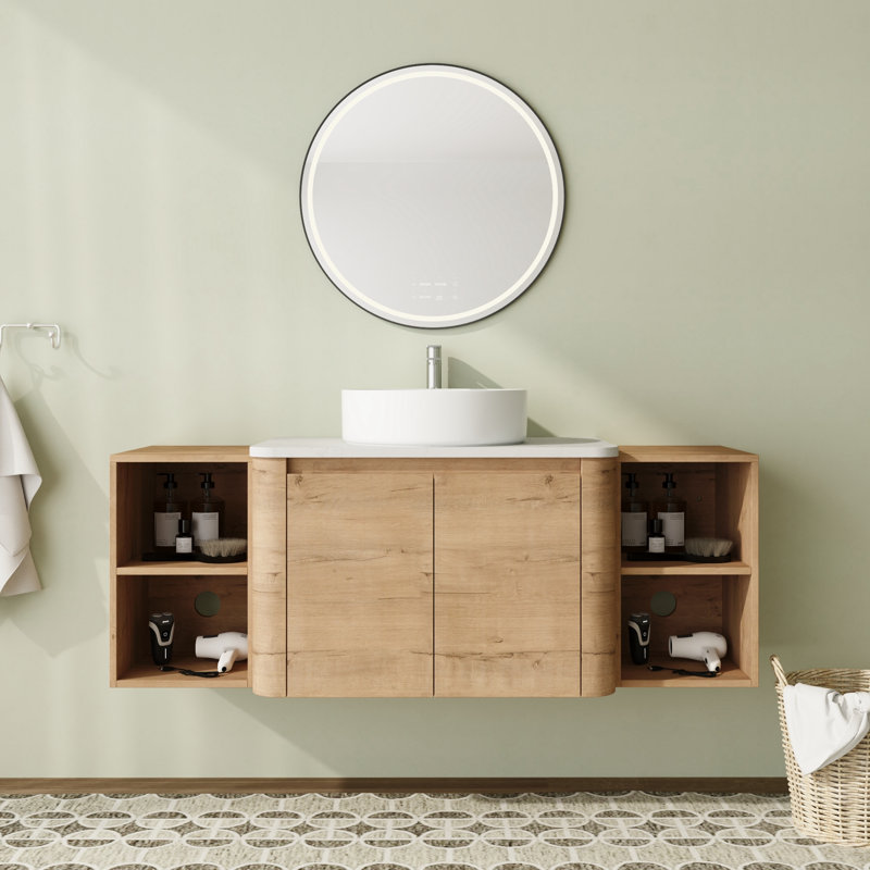 Meuble-lavabo flottant mural 54 po avec comptoir en quartz et portes et tablettes de rangement à fermeture en douceur, Blanc