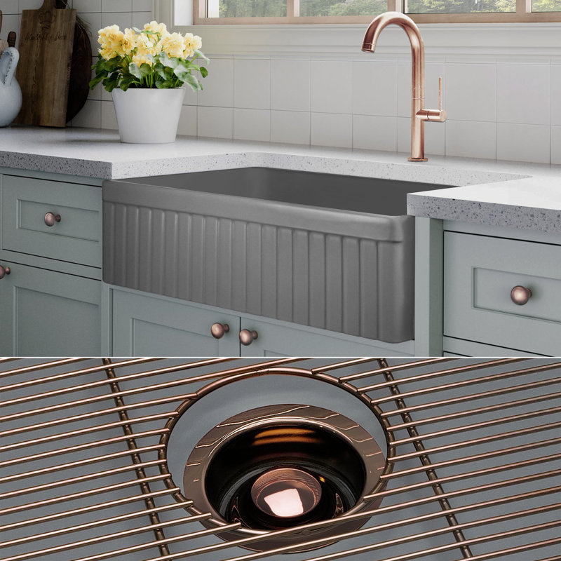 Luxury Solid Fireclay Farmhouse Sink, Polished Rose Gold Accessories