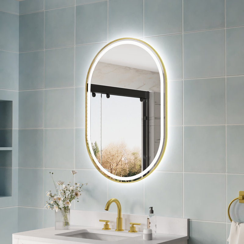 ZC-Mirror  36" H Wall Mounted Bathroom Framed LED Mirror With Memory Function, 36" x 24", Brushed Gold