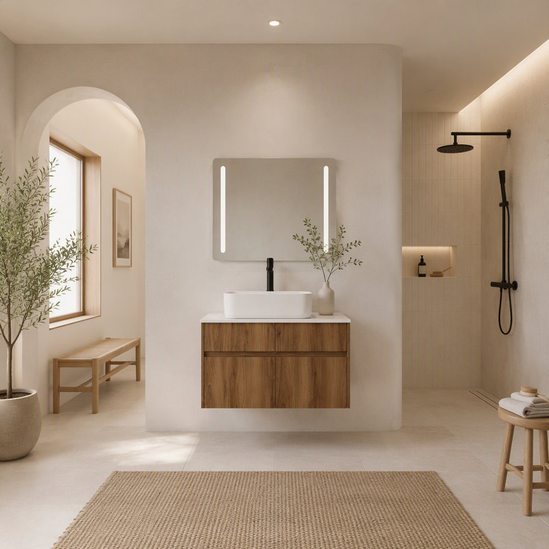 Meuble-lavabo mural flottant avec lavabo pour rangement de salle de bain, Brown Ebony