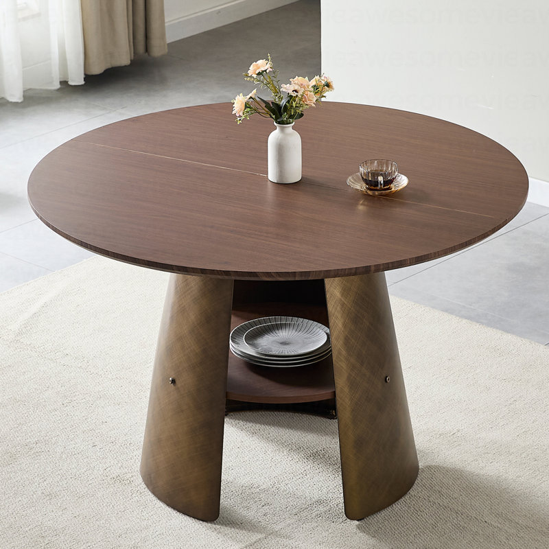 Table de salle à manger ronde de 47,25 pouces, style rétro, texture brossée, convenant à 4 à 6 personnes, plateau de table en bois aggloméré, structure en métal, bois de noyer, couleur bronze.