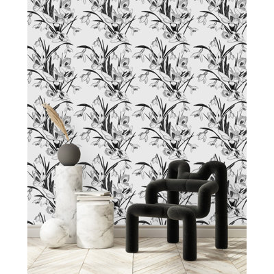 White Wallpaper With Black Flowers