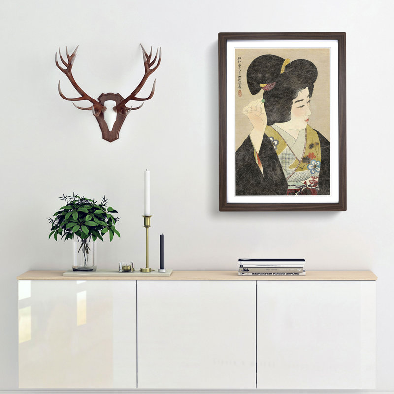 Woman Doing Her Hair by Ito Shinsui - Picture Frame Painting Print, Walnut Framed, 48cm H x 36cm W x 2cm D