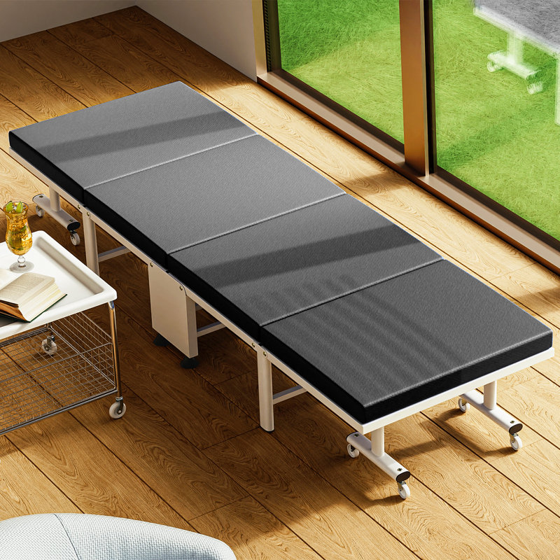Lit pliant roulant, lit pliant avec matelas en mousse, lit de camp pliable avec housse, Noir, noir, noir, noir