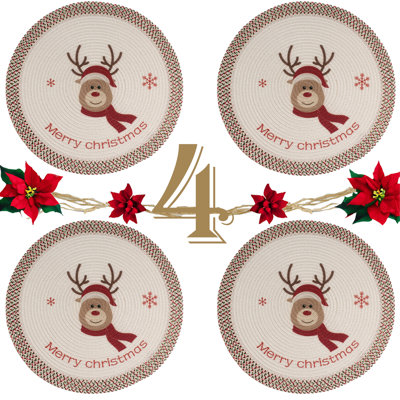 Christmas Woven Table Placemats 15 Inches Round Set of 4 No-Slip Dining & Kitchen Table Mat Reindeer