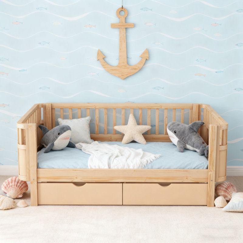 Lit plateforme simple en bois avec garde-corps, Lit simple, Naturel