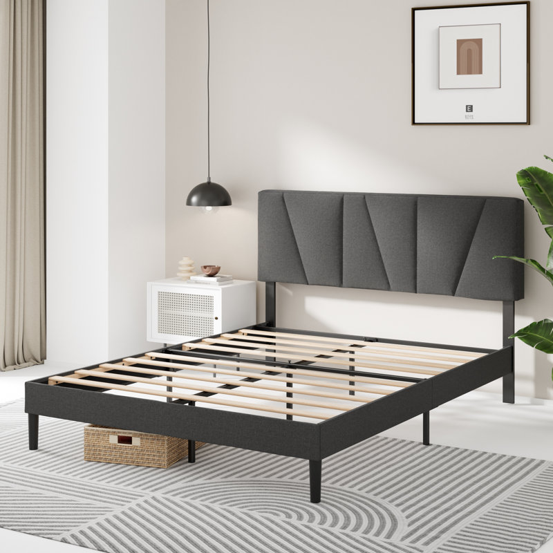 Beda Upholstered Bed Frame with Padded Tufted Headboard, Double (4'6), Grey