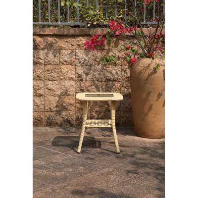 Outdoor Wicker Patio Side Table With Tempered Glass Top, 2-Tier Patio End Table With Storage Shelf, All-Weather PE Rattan Small Patio Table For Balcony, Backyard, Garden, Porch