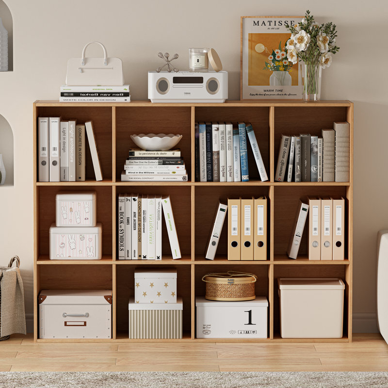 12-Cube Bookcases, Closed Back Bookshelf Storage Unit, Natural Oak Style Cabinet for Living Room Bedroom Office, Natural Oak