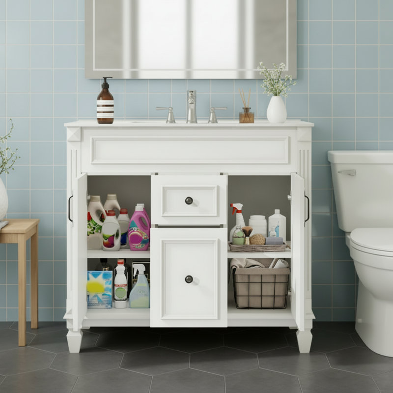 Meuble-lavabo autoportant blanc avec lavabo, deux portes et deux tiroirs, conception à fermeture en douceur.