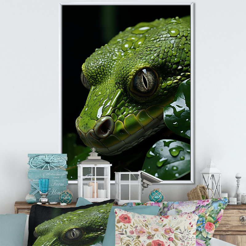 Serpent émeraude enroulé sur toile, H 40 po x l 30 po x P 1,5 po, Cadre flottant blanc