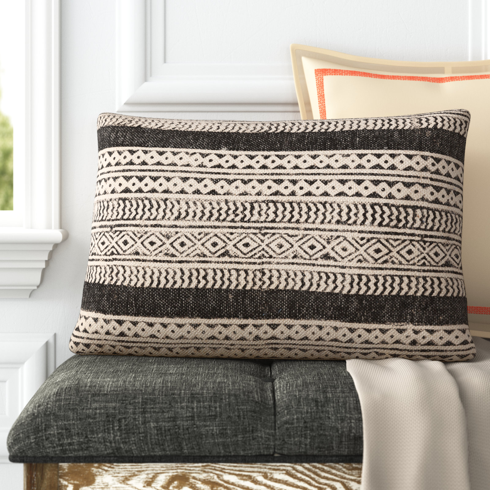 Zetta Geometric Cotton Throw Pillow, Beige/Black, Pillow Cover Only - No Insert, 14" x 22"