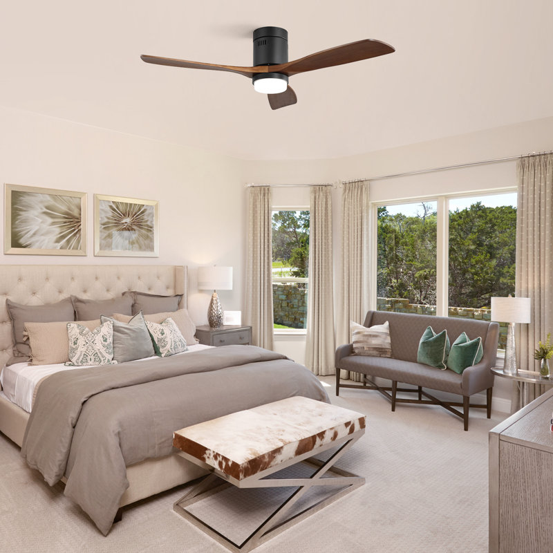 52"Smart Flush Mount 3-Blade Solid Wood Ceiling Fan With Light and Remote/App/Voice Control（Black&Brown）