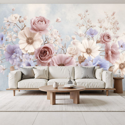 «Farmhouse Nature Floral», papier peint à peler et coller, art mural aquarelle floral pastel doux H 69 po x l 96 po, papier peint auto-adhésif amovible pour chambre à coucher, salon, esthétique, décoration intérieure