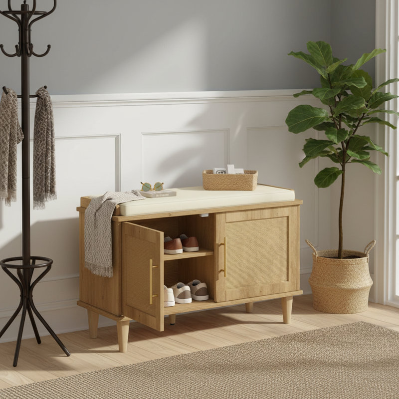 Natural Oak Small Rattan Entry Shoe Bench,Padded,Solid Wood Legs,Double Door,2-Tier Adjustable Shelf