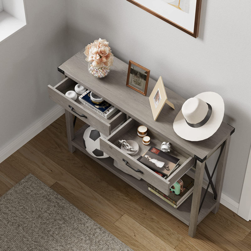 Console Table With 2 Drawers, Farmhouse Sofa Table With Storage Shelf, Accent Wood Entryway Table, Brown/White