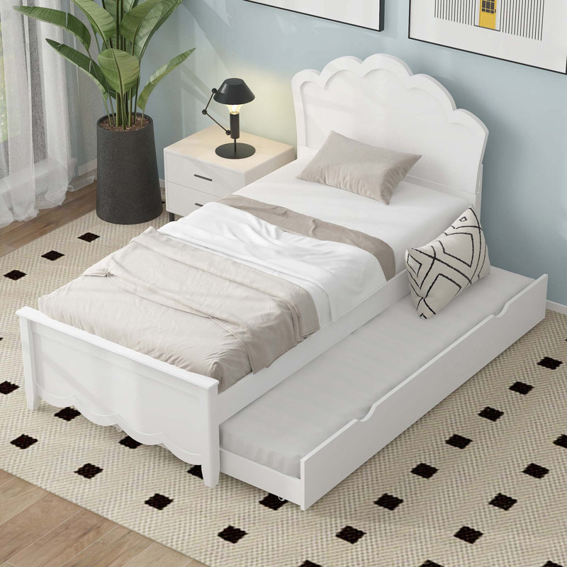 Wood Platform Bed With Headboard And Twin Trundle For Space Saving And Sturdy Support, Twin