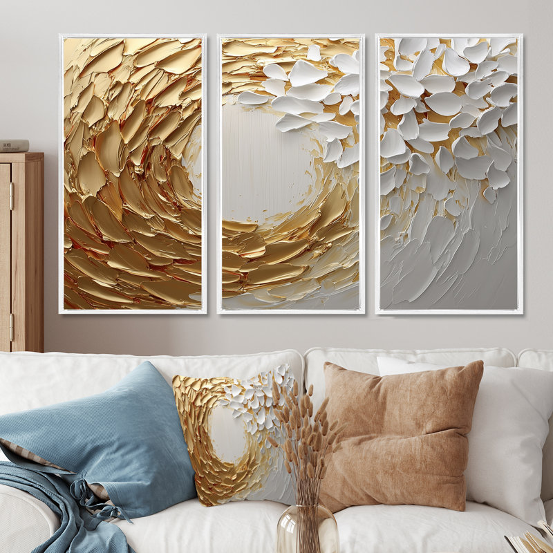 Ensemble de salon art mural blanc et or rose Vortex Love III - Abstract Spirals, Toile encadrée flottée blanche