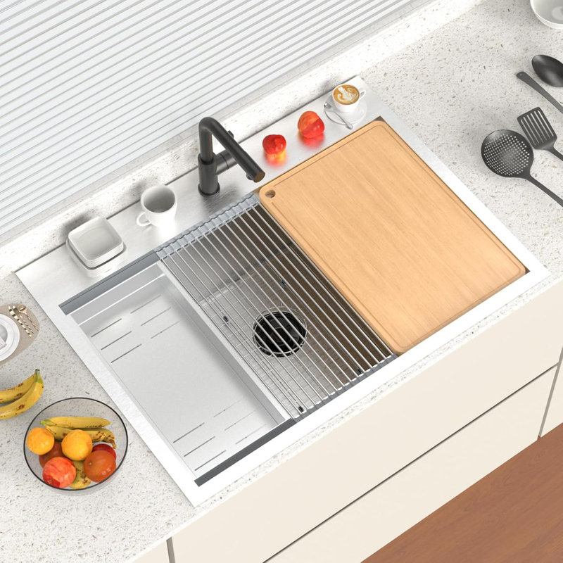 33 Inch Stainless Steel Drop In Integrated Ledge Multifunctional Workstation Sink Set In Silver