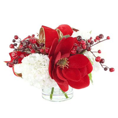Holiday Magnolia Arrangement with Hydrangeas, Berries and Bows