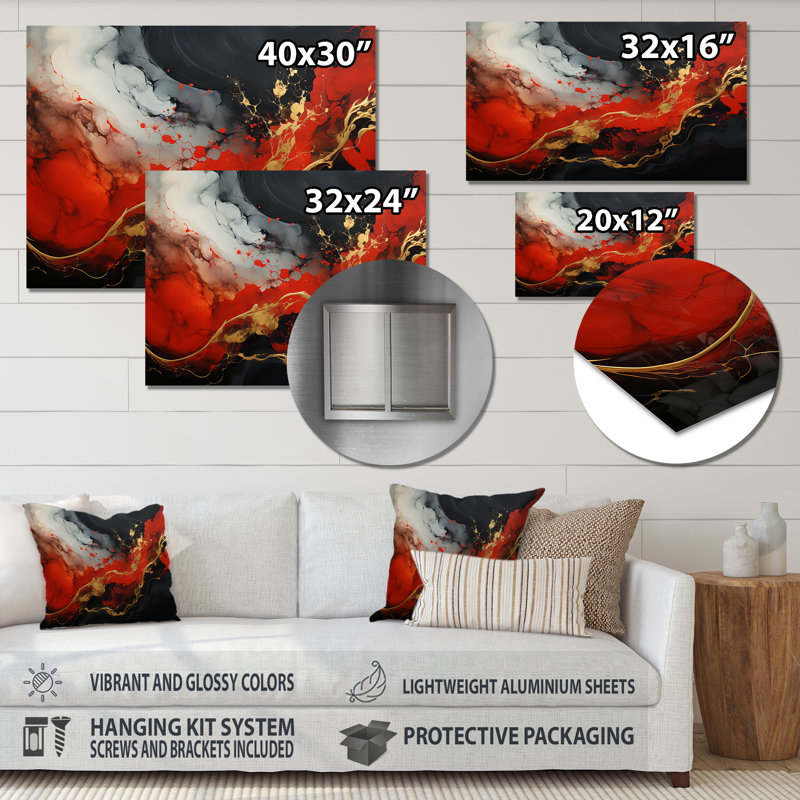 Rouge et or feu de marbre II - art mural abstrait en métal MT137136, H 12 po x l 20 po x P 1 po