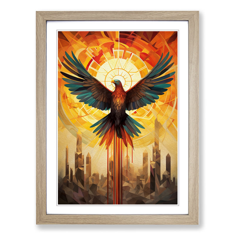 Phoenix Geometric - Single Picture Frame Print on Wood, 46cm H x 34cm W x 2cm D, Oak Framed